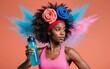 © YiuCheung - Afro woman holds water bottle colorful flowers in hair against