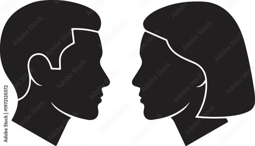 Minimalist black silhouettes of a man and a woman facing each other ...