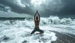 © Islamic Art - Woman in yoga pose amidst crashing waves on a stormy beach.