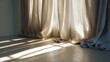 © VISUALCRAFT - Sunlight streams through sheer curtains, casting dramatic shadows on a polished floor, creating a serene and minimalist ambiance