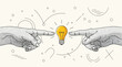 © Saharia - Two hands pointing at a glowing light bulb, creative idea concept, vector illustration