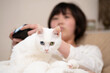 © hakase420 - テレビゲームをする飼い主の膝の上で寛ぐ猫