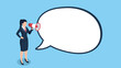 © Roton - Professional businesswoman in a suit holding a megaphone standing next to a large empty speech bubble for customized marketing text copy.