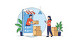 © Roton - Online shopping and delivery service concept showing a man delivering a box to a woman from inside a giant smartphone screen illustration.