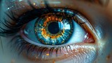 Close-up of a human eye with a complex, glowing, high-tech iris in blue and orange