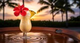 Tropical cocktail with red flower and pineapple slice evening ambiance
