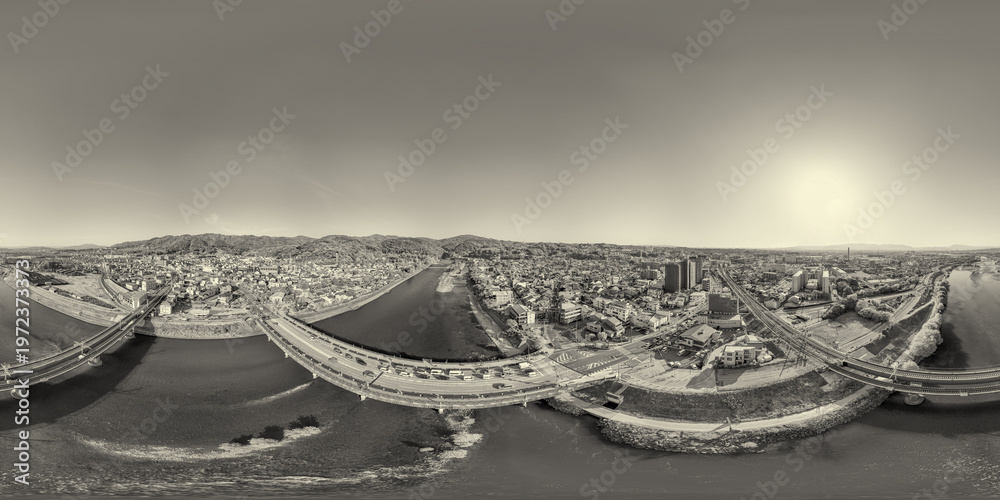 Panoramic 360 degrees aerial view of Uji from above Ujigawa River in ...
