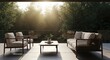 © afrizan - Outdoor patio with modern furniture bathed in natural sunlight and greenery