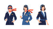 © Amie - Collection set vector flat style of 3 female pilots in aviation uniforms, airline professional characters isolated on clean background for travel and transportation concepts