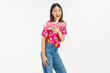 © sitthiphong - Songkran festival in Thailand, Cheerful young woman wearing summer wearing floral shirt with a pink water gun isolated on white background