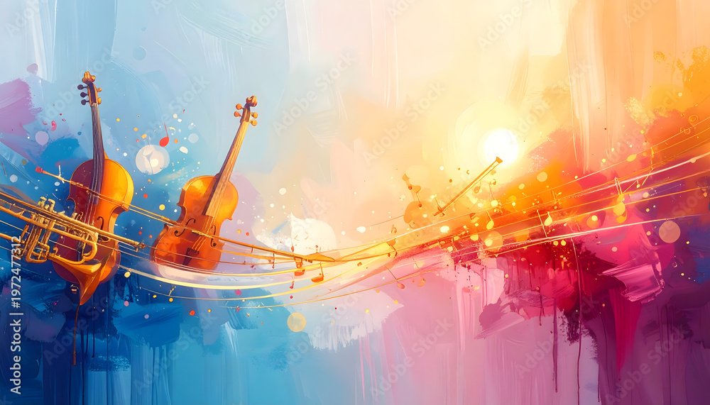 Musical Instruments Performance Vibrant musical instruments shine brightly in colorful cityscape at ...