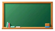 © LeNo - Lavagna verde scolastica con cornice in legno, gessetti, cancellino e libri colorati, su sfondo bianco.
