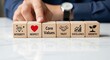 © QuiinL - Wooden blocks with icons representing core business values like integrity, respect, trust, excellence, and growth are arranged in a line.