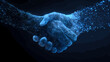 © luck - Handshake formed by shimmering blue light particles represents a high-tech corporate merger.