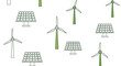 © lily - Seamless pattern of green and white renewable energy icons including wind turbines and solar panels scattered across a pristine white background area.