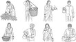 © Honey! - Indian village people daily life activities line art illustration set showing farmers workers and traditional lifestyle scenes in rural culture