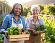 © Bubur - Two smiling women gardeners holding fresh produce in a lush, sunny, outdoor garden