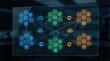 © Mahi - A conceptual illustration of interconnected applications and apis in a networked system with glowing blue green and orange icons on a dark background