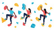 © Darwin - Group of active women practice indoor rock climbing on a wall with various colorful holds in a modern flat vector illustration style.