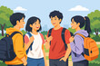 © Tushal - Happy Asian Teenagers with Backpacks Meeting and Chatting Outdoors in a Park, Group of Students Socializing and Talking Together After School, Simple Flat Vector Illustration of Youth Friendship