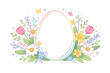 © Tushal - Happy Easter Greeting Card Template with Floral Frame and Egg Shape. Beautiful Springtime Illustration with Daisies, Tulips, Butterflies, and Pastel Flowers for Social Media Post and Web Banner.