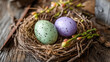 © SvoP - Two beautifully speckled pastel-colored eggs resting in a delicate bird nest surrounded by soft willow branches on a rustic wooden surface