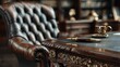 © asree - Executive office desk, luxury leather chair, mahogany table, expensive pen, ceo workspace background, premium business concept