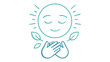 © BHANUDAS - Peaceful smiling face vector icon with hands on chest and leaves, representing mindfulness, mental health, inner peace, and well-being. Minimalist blue gradient illustration for wellness.