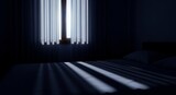 Soft moonlight filters through sheer white curtains into a dark bedroom, illuminating a window frame while deep shadows stretch over a bed, home, view, room
