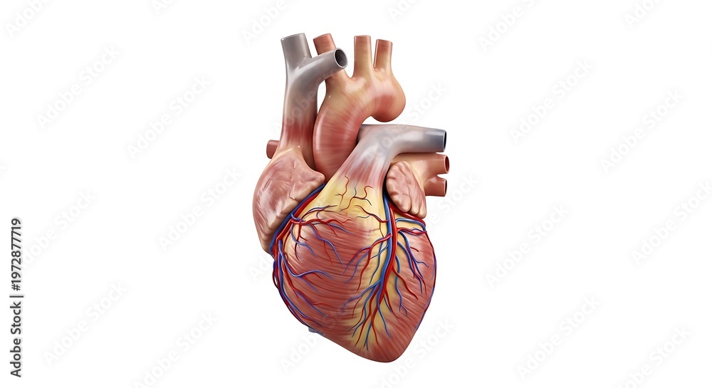 3D medical illustration of human heart anatomy with detailed vascular ...