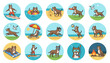 © Juliansyah - Set of cute pitbull dog enjoying summer vacation at the beach doing fun activities like surfing swimming playing frisbee relaxing and sunbathing vector illustration collection