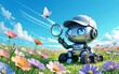© YiuCheung - Robot explores flower field with magnifying glass butterfly nearby