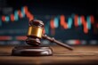© Generative AI - Gavel on wooden desk with abstract financial stock market graph background, symbolizing legal financial decisions