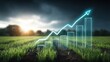 © Generative AI - Futuristic glowing graph representing growth and profit overlaid on a lush green farm field at sunrise