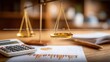 © Generative AI - Justice and Financial Balance: Scales of Law with Calculator and Documents on Desk