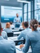 © Generative AI - Diverse audience attentively listens to speaker presenting information on large screen in modern classroom or seminar setting