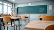 © Generative AI - Empty Classroom with Desks, Chairs, and Chalkboard Ready for Learning and Education