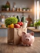 © Generative AI - Piggy bank beside paper grocery bag filled with fresh fruits and vegetables on kitchen counter