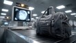 © Generative AI - Dark Duffel Bag on Airport Baggage Claim Conveyor Belt with Security Scanner Display