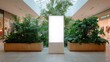 © Generative AI - Bright illuminated display stand surrounded by lush green plants in a modern shopping mall interior