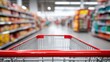 © Generative AI - POV of a red shopping cart moving down a brightly lit grocery store aisle, filled with products