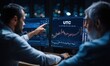 © Generative AI - Two businessmen analyzing financial trading data on multiple computer screens showing stock market charts and graphs at night
