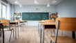 © Generative AI - Empty Classroom Rows with Desks and Chairs Facing Green Chalkboard in a Bright School
