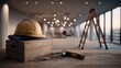 © Generative AI - Construction hard hat and tools on a wooden box in an empty office space with a ladder