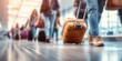 © Generative AI - Travelers with luggage walking through a busy airport terminal during golden hour