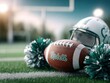 © Generative AI - American Football Team Spirit Gear Helmet and Pom Poms on Grassy Field Ready for Game Day