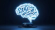 © Rohan - Glowing blue neon light sculpture of a human brain on a black pedestal against a dark background representing artificial intelligence and neuroscience.