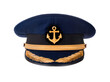 © Lucas - Isolated professional navy blue captain's hat with shiny gold anchor and intricate embroidery