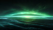 © suldev - Electric green arc over glossy waves with horizon glow and cyber shine. Futuristic banner backdrop for ads and headers that grabs instant attention. 3d render illustration. Stock Illustration