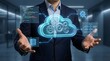 © SENAVART - Cloud native development. Programmer developing applications for cloud computing. Cloud icon and source code illustrations.